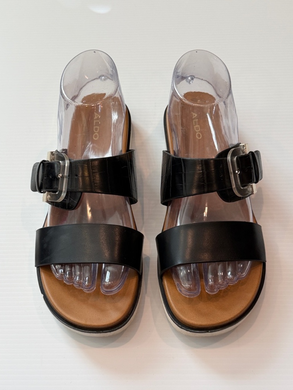 ALDO Black Two-Strap Buckle Slide Sandals